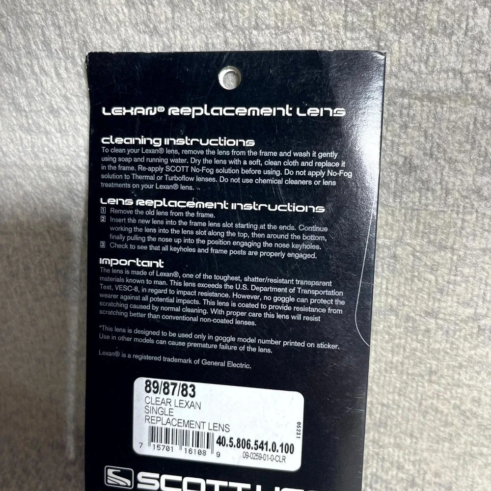 SCOTT USA 89 87 83 Clear Lexan Single Replacement Lens for‎ Goggles
